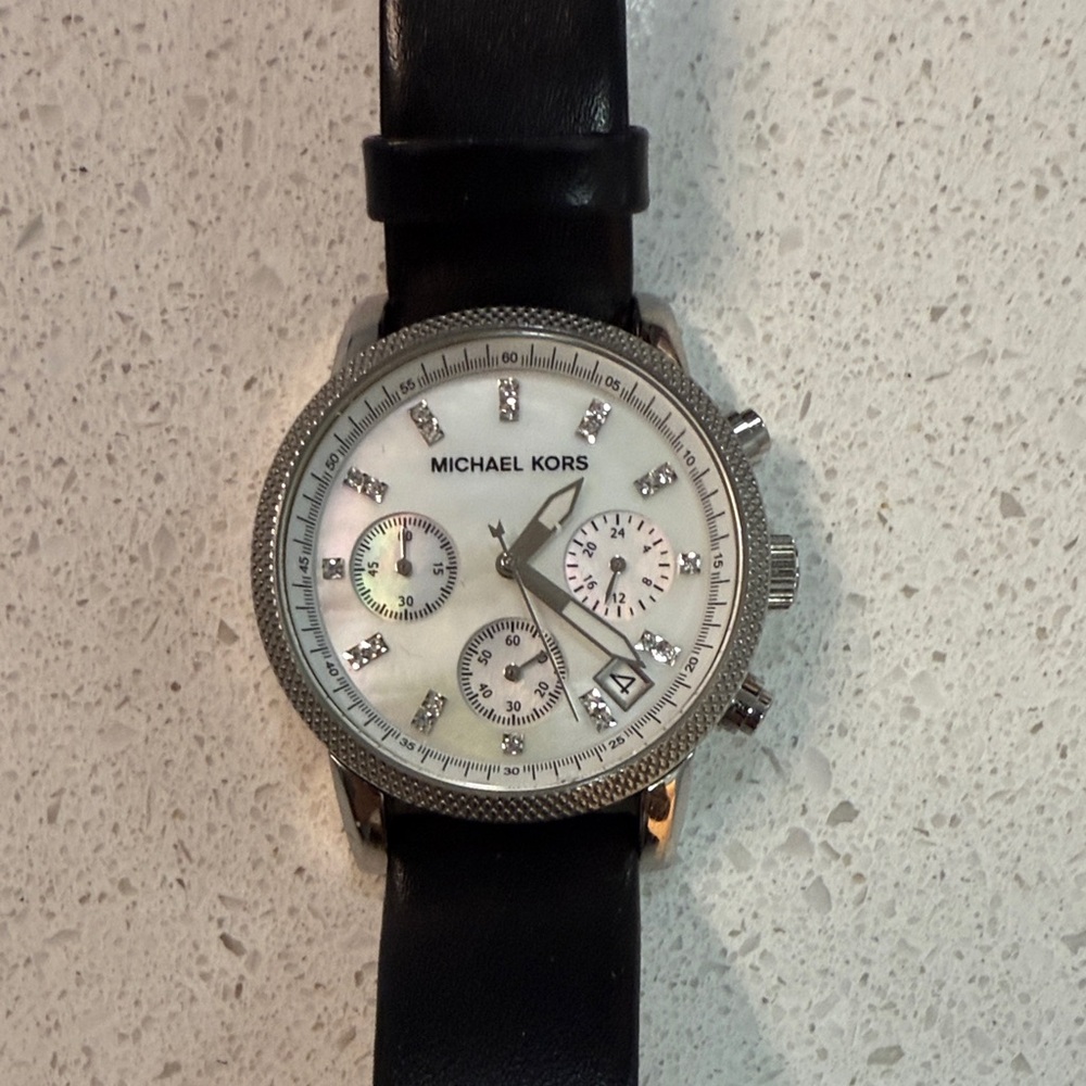 Michael Kors Black Leather and Silver Dial Watch